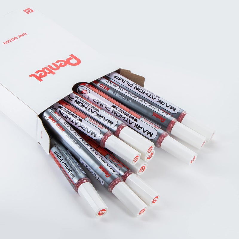 بنتل قلم ماركاثون للمسح الجاف من بينتيل، طرف إزميل، حبر أحمر، 12 عبوة (MWL6SX-B) - Image 2